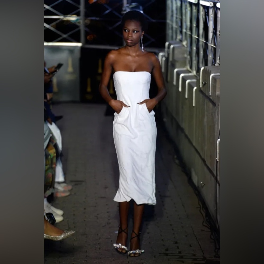 LaQuan Smith white terry Luxury strapless midi dress